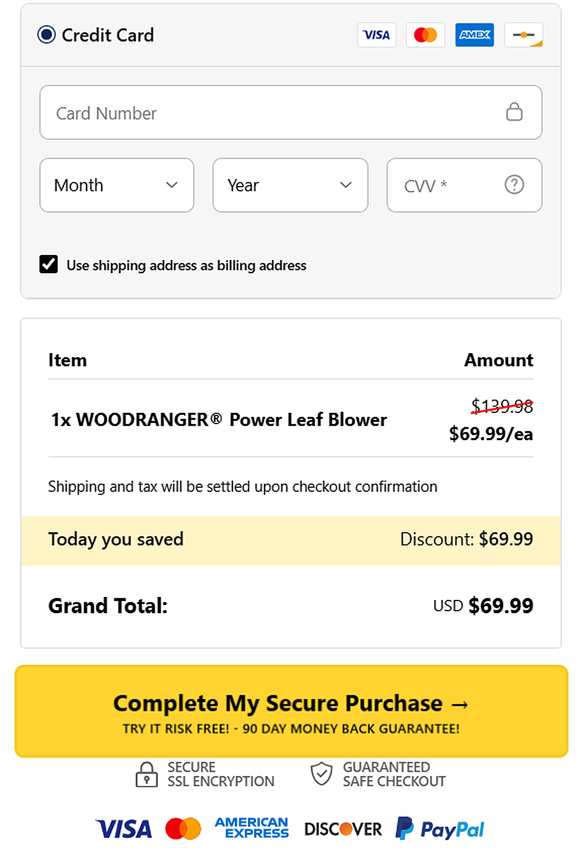 Wood Ranger Leaf Blower secure checkout page — card payment form and order summary with $69.99 grand total