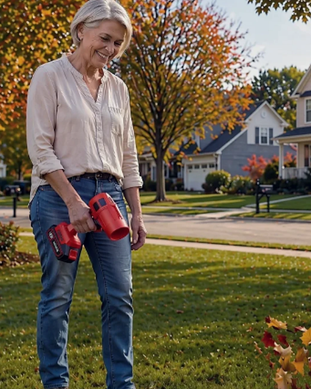 Woman using the Wood Ranger Leaf Blower to clear autumn leaves from her front lawn