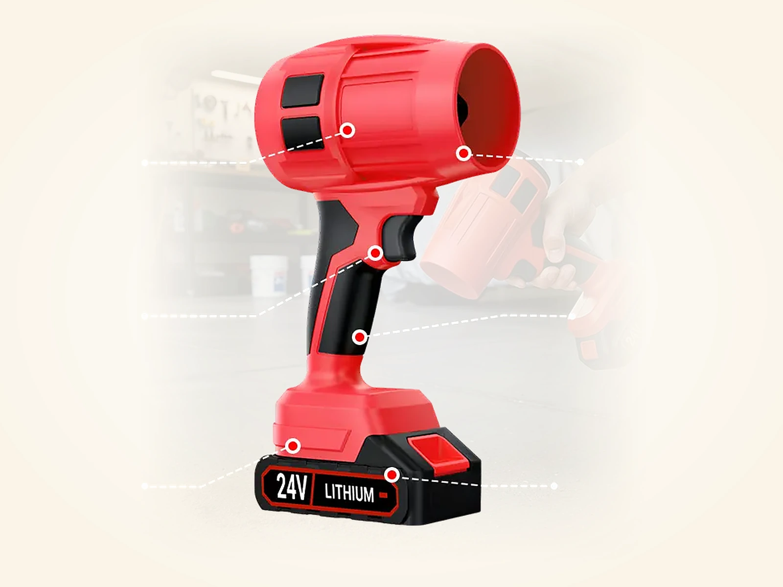 Wood Ranger Leaf Blower — battery and nozzle detail